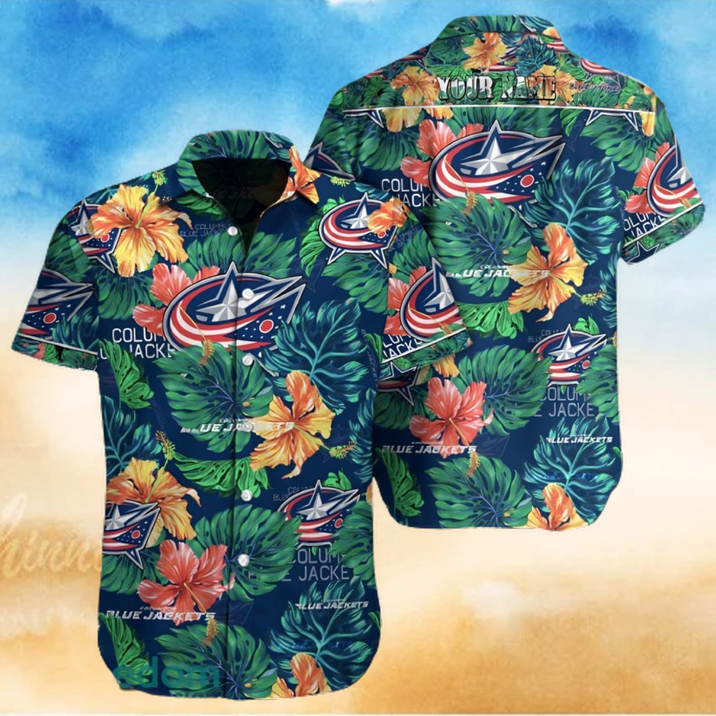Columbus Blue Jackets NHL Custom Name Flower And Leaf Pattern Tropical Hawaiian Shirt