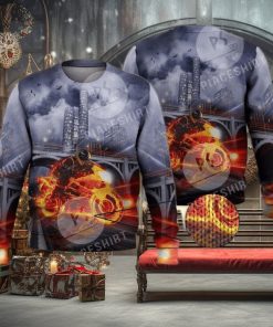 Cool Fire Burning Motorcycle Biker 3D Full Print Ugly Sweater Christmas Gift Sweater