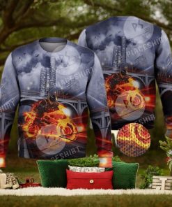 Cool Fire Burning Motorcycle Biker 3D Full Print Ugly Sweater Christmas Gift Sweater