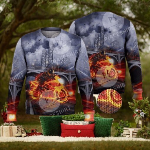 Cool Fire Burning Motorcycle Biker 3D Full Print Ugly Sweater Christmas Gift Sweater