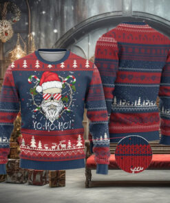 Cool Santa Ugly Christmas Sweater Yo Ho Ho Skull Beard Sunglass