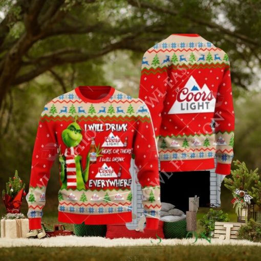 Coors Light Beer Grinch I Will Drink Here Everywhere Ugly Christmas Sweater Jumper