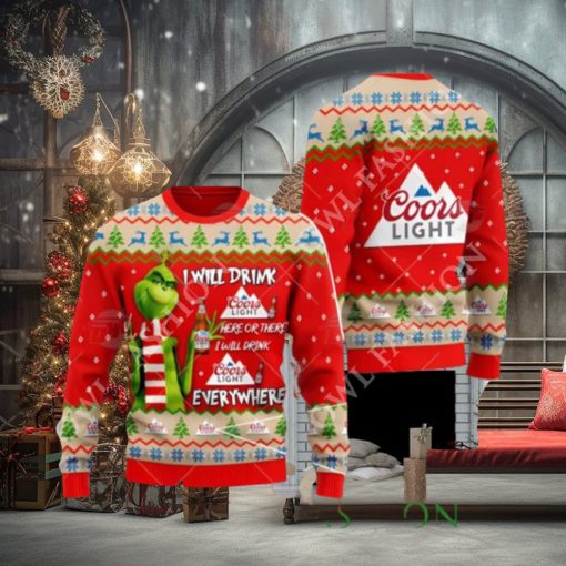 Coors Light Beer Grinch I Will Drink Here Everywhere Ugly Christmas Sweater Jumper