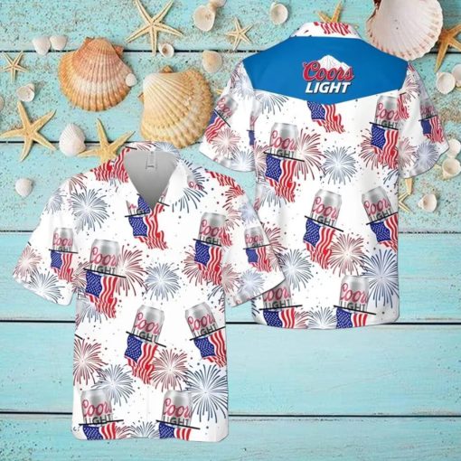 Coors Light Beer Hawaiian Shirt American Flag Fireworks