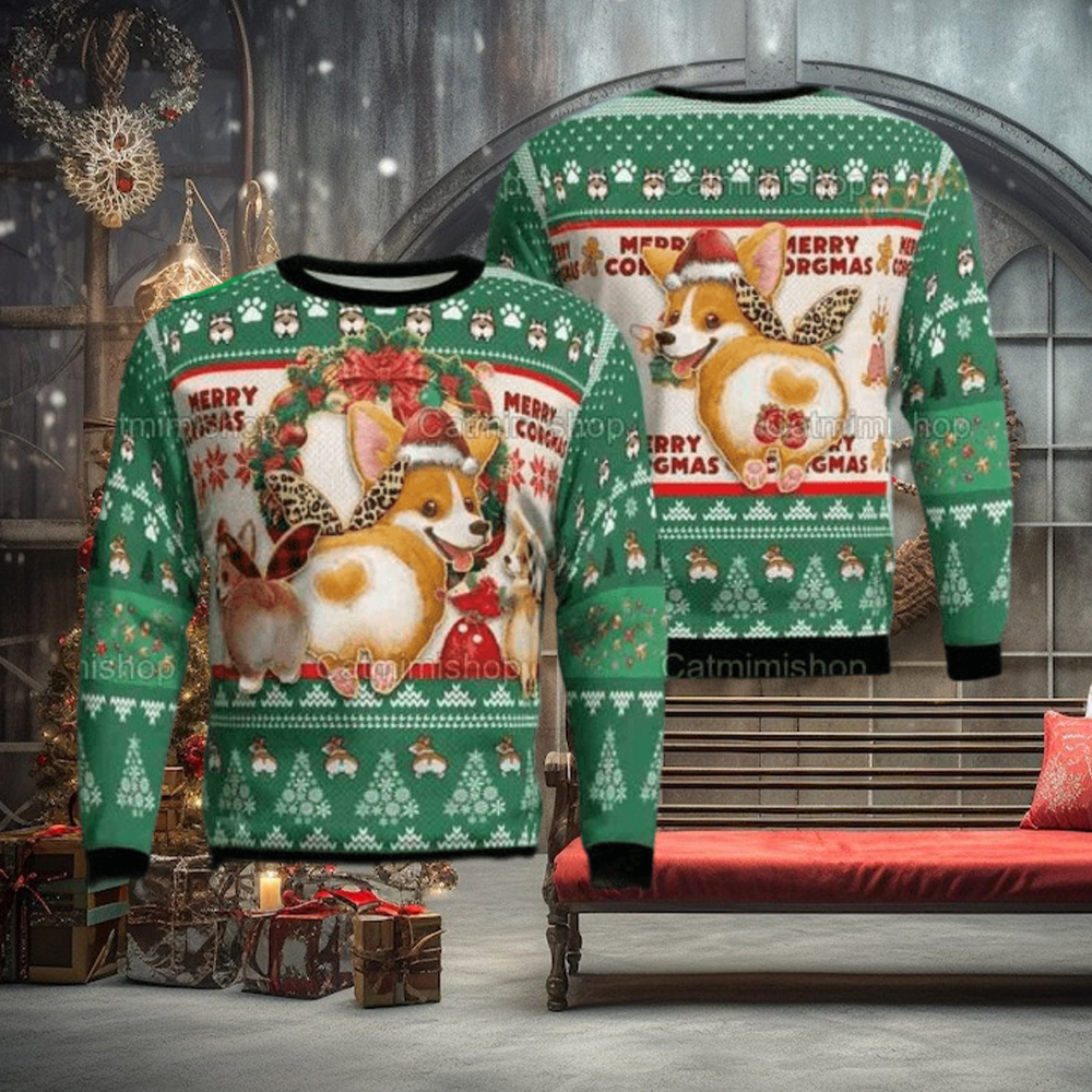 Corgi Pine Tree Pattern Funny Ugly Christmas Sweater Corgi Pine Tree Pattern Funny Ugly Christmas Sweater