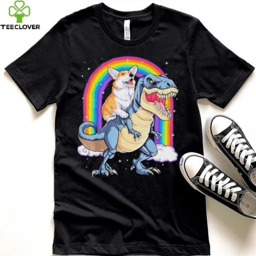 Corgi Riding Dinosaur T rex Space Rainbow Gifts Classic Shirt