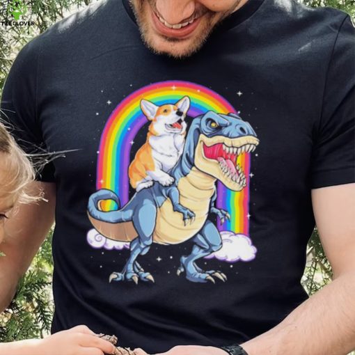 Corgi Riding Dinosaur T rex Space Rainbow Gifts Classic Shirt