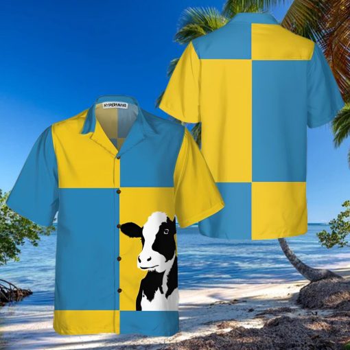 Cow On Yellow And Blue Background Hawaiian Shirt, Cow Shirt For Men & Womedn, Funny Cow Print Shirt