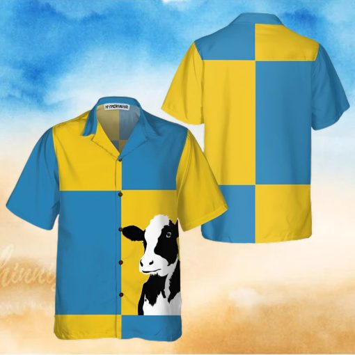 Cow On Yellow And Blue Background Hawaiian Shirt, Cow Shirt For Men & Womedn, Funny Cow Print Shirt