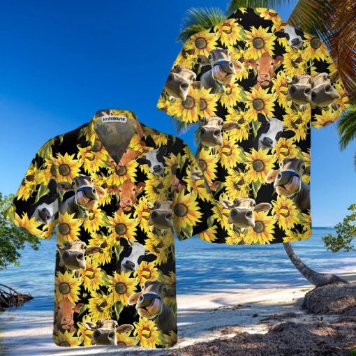 Cow With Sunflower Hawaiian Shirt, Tropical Cow Shirt For Men And Women, Funny Cow Print Shirt Gift Idea