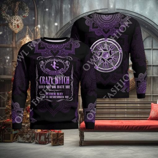 Crazy Witch Love or hate me Purple ugly sweater