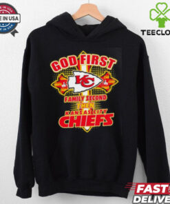 Cross god first family second then Kansas City Chiefs football graphic shirt