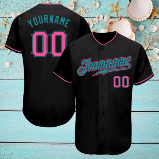 Custom Black Pink Teal Authentic Baseball Jersey