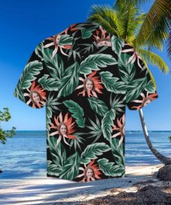 Custom Face Red Flowers Green Leaves Men s All Over Print Hawaiian Shirt