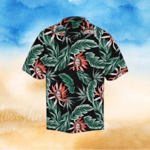 Custom Face Red Flowers Green Leaves Men s All Over Print Hawaiian Shirt