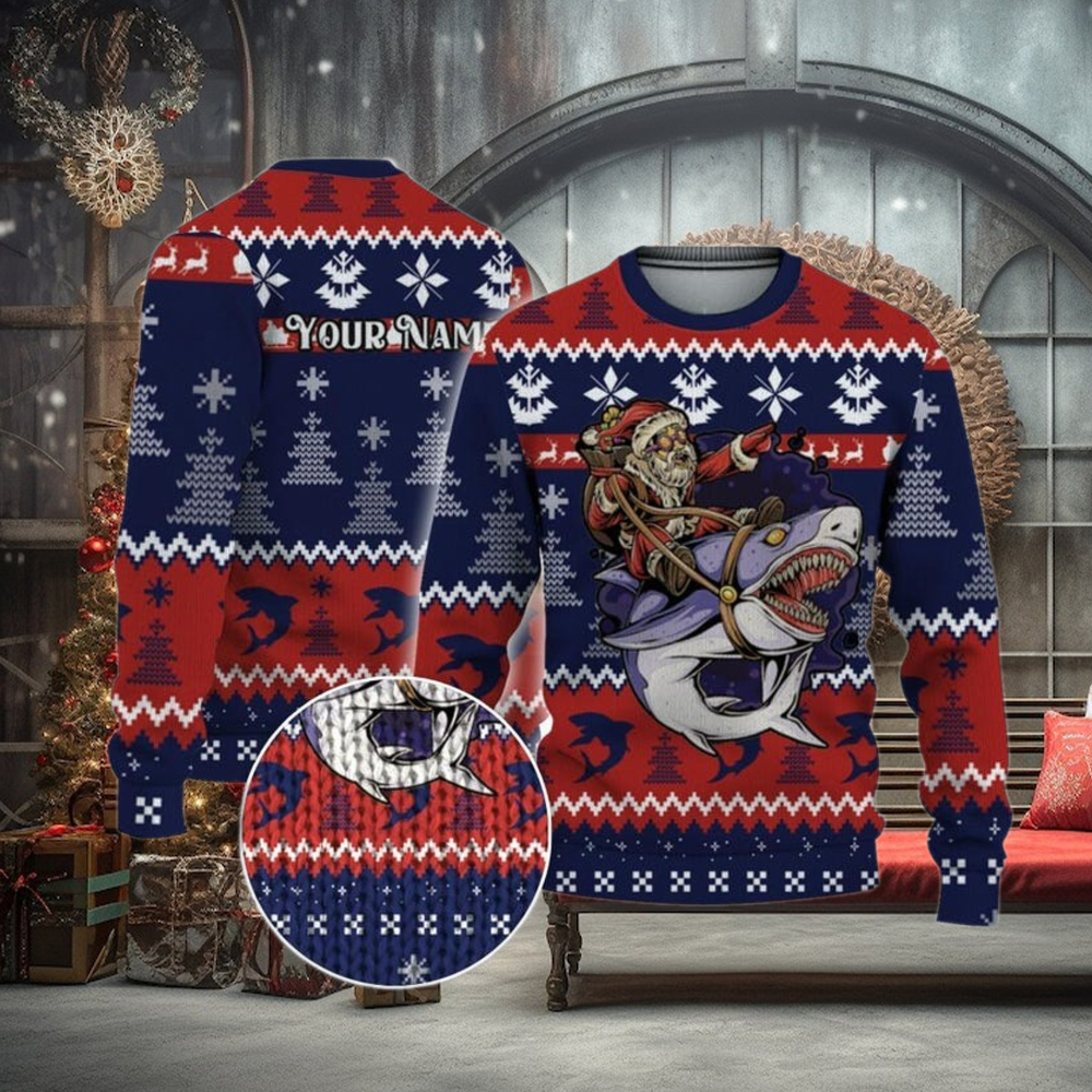 Custom Funny Christmas Holiday Santa Riding Sharks Ugly Sweater Custom Funny Christmas Holiday Santa Riding Sharks Ugly Sweater