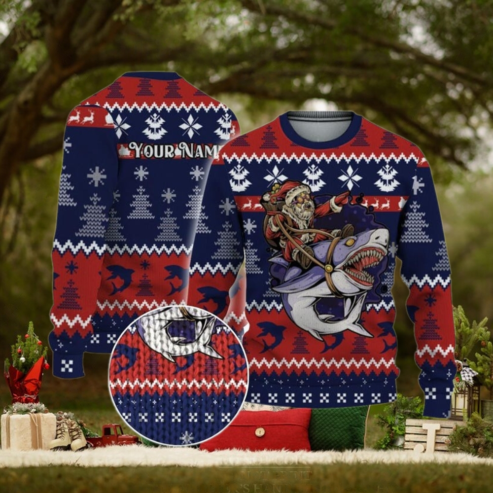 Custom Funny Christmas Holiday Santa Riding Sharks Ugly Sweater Custom Funny Christmas Holiday Santa Riding Sharks Ugly Sweater