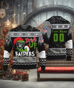 Custom NFL Las Vegas Raiders Ugly Christmas Sweater Grinch Drink Up Christmas Gift For Football Fans