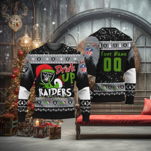 Custom NFL Las Vegas Raiders Ugly Christmas Sweater Grinch Drink Up Christmas Gift For Football Fans