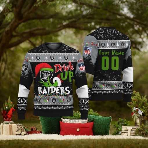 Custom NFL Las Vegas Raiders Ugly Christmas Sweater Grinch Drink Up Christmas Gift For Football Fans