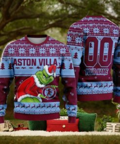 Custom Name And Number EPL Aston Villa Grinch Ugly Christmas Sweater All Over Print Trending Sweater For Fan