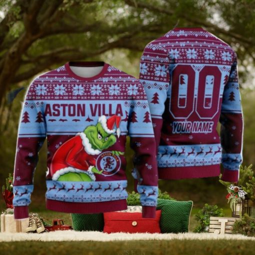 Custom Name And Number EPL Aston Villa Grinch Ugly Christmas Sweater All Over Print Trending Sweater For Fan