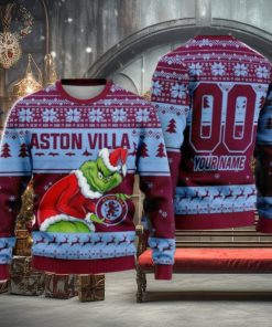 Custom Name And Number EPL Aston Villa Grinch Ugly Christmas Sweater All Over Print Trending Sweater For Fan