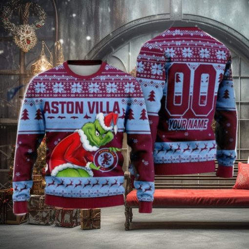 Custom Name And Number EPL Aston Villa Grinch Ugly Christmas Sweater All Over Print Trending Sweater For Fan