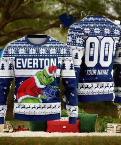 Custom Name And Number EPL Everton Grinch Ugly Christmas Sweater All Over Print Trending Sweater For Fan