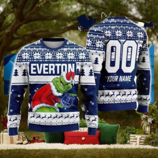 Custom Name And Number EPL Everton Grinch Ugly Christmas Sweater All Over Print Trending Sweater For Fan