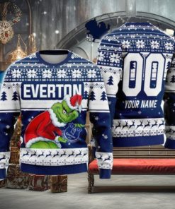 Custom Name And Number EPL Everton Grinch Ugly Christmas Sweater All Over Print Trending Sweater For Fan