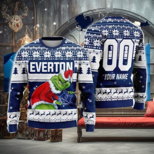 Custom Name And Number EPL Everton Grinch Ugly Christmas Sweater All Over Print Trending Sweater For Fan