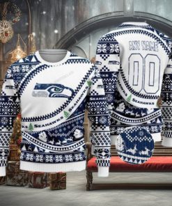 NFL Seattle Seahawks Custom Name Text Santa Down The Chimney Christmas Gift  All Over Print Ugly Christmas Sweater - Freedomdesign