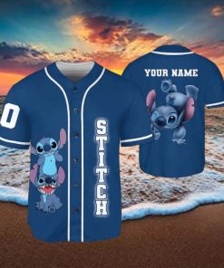 Custom Name And Number Stitch Blue Funny Stitch & Lilo Animated Baseball Jersey Shirt