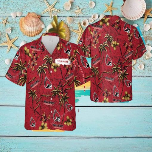 Custom Name Ball State Cardinals Aloha 3D Hawaiian Shirt Gold Flower Vintage For Beach