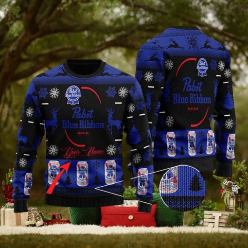 Custom Name Black Pabst Blue Ribbon Knitted 3D Sweater Gift For Xmas