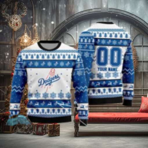 Custom Name Dodgers Ugly Christmas Sweater With Snowflakes