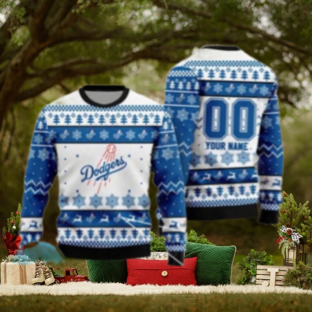 Custom Name Dodgers Ugly Christmas Sweater With Snowflakes Custom Name Dodgers Ugly Christmas Sweater With Snowflakes