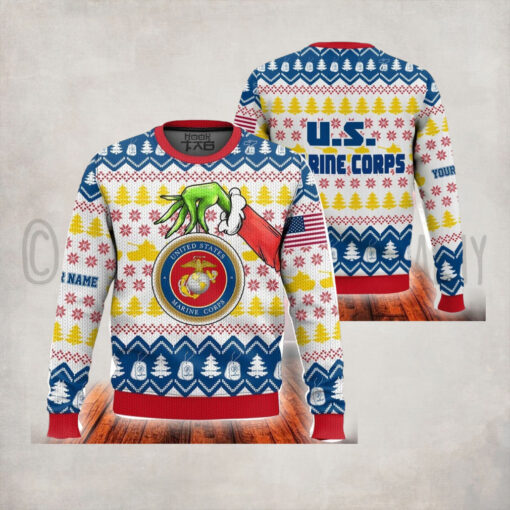 Custom Name Grinch X Us Marines Ugly Sweater V2