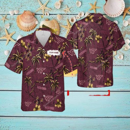Custom Name Virginia Tech Hokies Aloha 3D Hawaiian Shirt Gold Flower Vintage Gift Summer