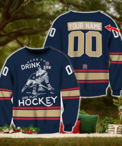 Custom Number And Name Born To Drink Miller Lite and Play Hockey Sweater Beer Lovers Cold For Fans Gift