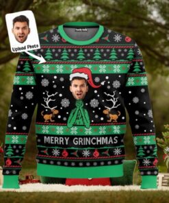 Custom Photo Merry Grinchmas Ugly Christmas Sweater, Funny Xmas Sweatshirt, Vintage Xmas Movie Crewneck Sweater, Holiday Gift Ideas
