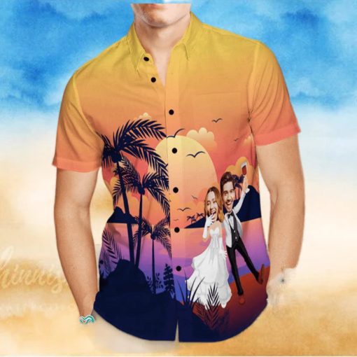 Custom Photo Trendy Aloha Hawaiian Shirt Personalized Sunset And Coconut Grove Wedding Trendy Aloha Hawaiian Shirt Group Wedding Uniforms