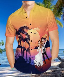 Custom Photo Trendy Aloha Hawaiian Shirt Personalized Sunset And Coconut Grove Wedding Trendy Aloha Hawaiian Shirt Group Wedding Uniforms
