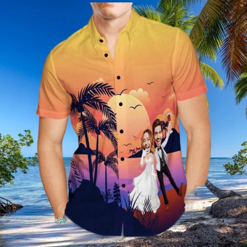 Custom Photo Trendy Aloha Hawaiian Shirt Personalized Sunset And Coconut Grove Wedding Trendy Aloha Hawaiian Shirt Group Wedding Uniforms