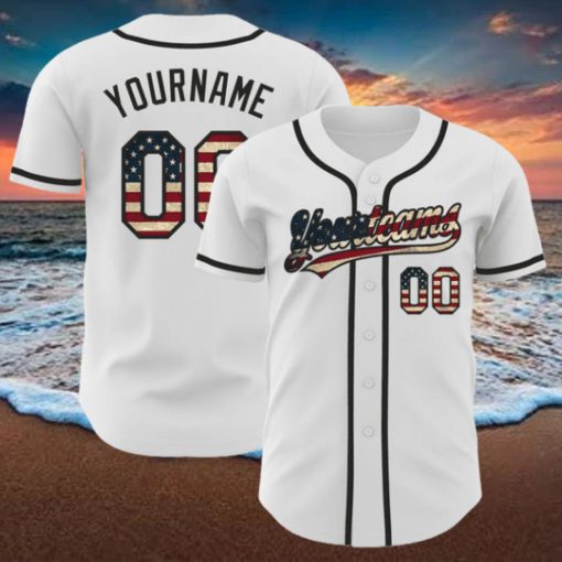 Custom White Vintage USA Flag Black Authentic Baseball Jersey
