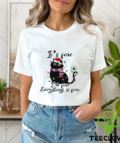 Cute Black Cat Wearing Santa Hat With Christmas Light It’s Fine I’m Fine Everything’s Fine Merry Christmas 2023 T shirt