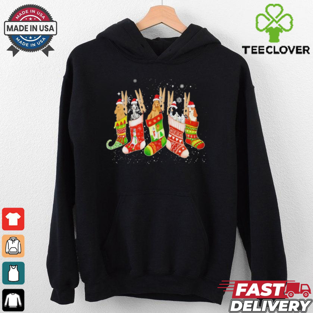 Cute Cocker Spaniel Dog In Christmas Sock Santa Hat Shirt Cute Cocker Spaniel Dog In Christmas Sock Santa Hat Shirt