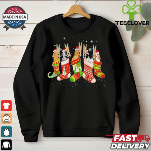 Cute Cocker Spaniel Dog In Christmas Sock Santa Hat Shirt
