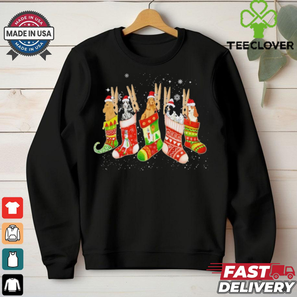 Cute Cocker Spaniel Dog In Christmas Sock Santa Hat Shirt Cute Cocker Spaniel Dog In Christmas Sock Santa Hat Shirt